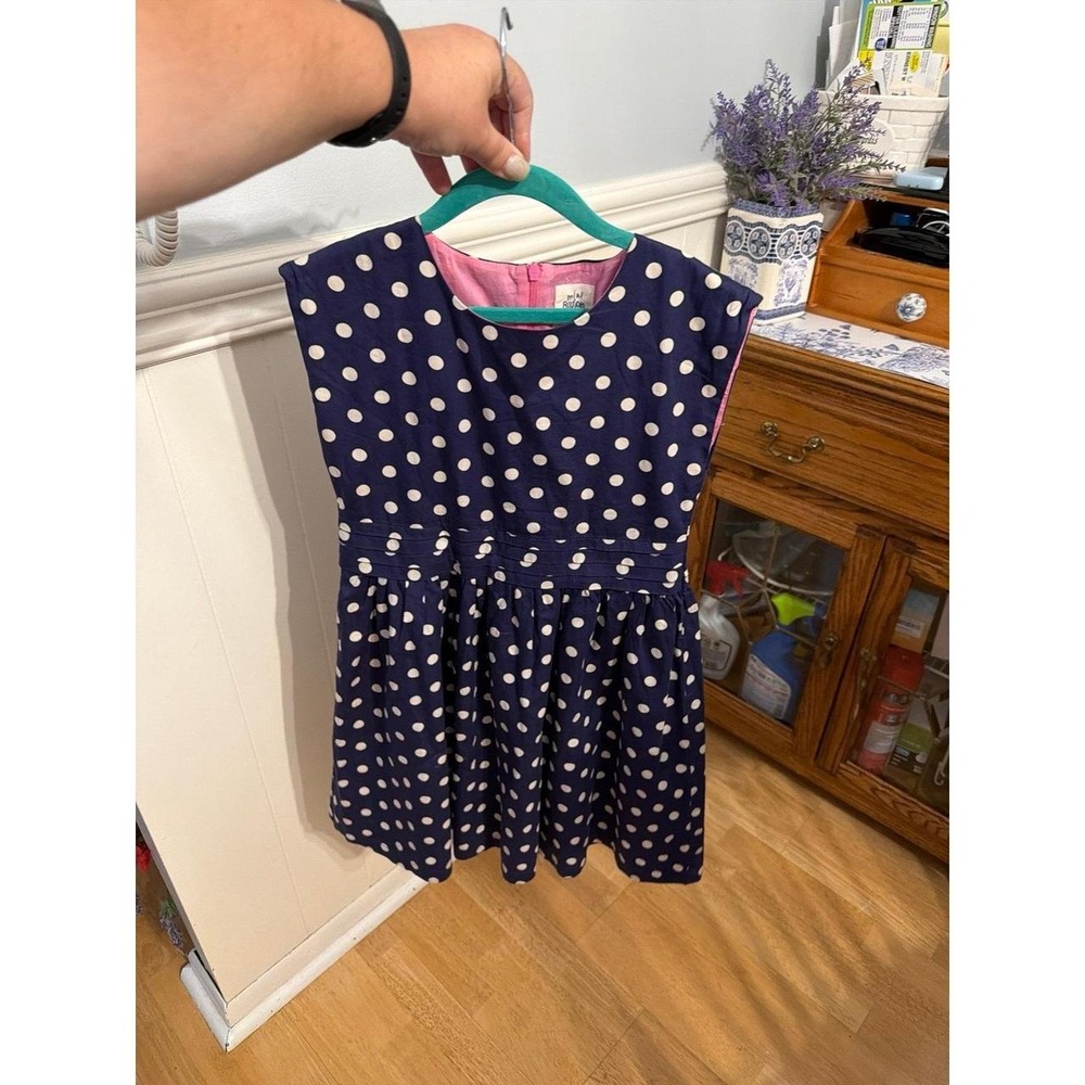 Mini Boden navy blue and white polka dot sleeveless dress 7-8